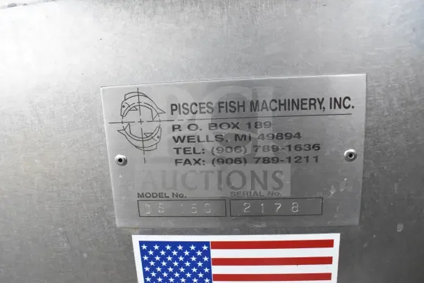 Pisces Fish Machinery DS150 Drum Scaler, model plate showing company info, serial number 2178, made in USA.