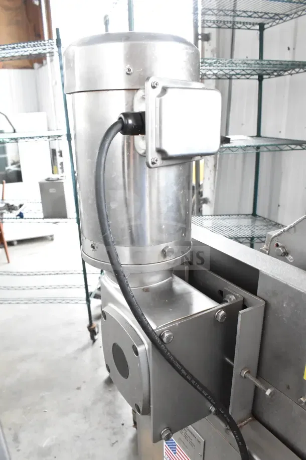 Pisces Fish Machinery DS150 Drum Scaler, stainless steel, commercial floor model, visible wiring, slightly used condition.