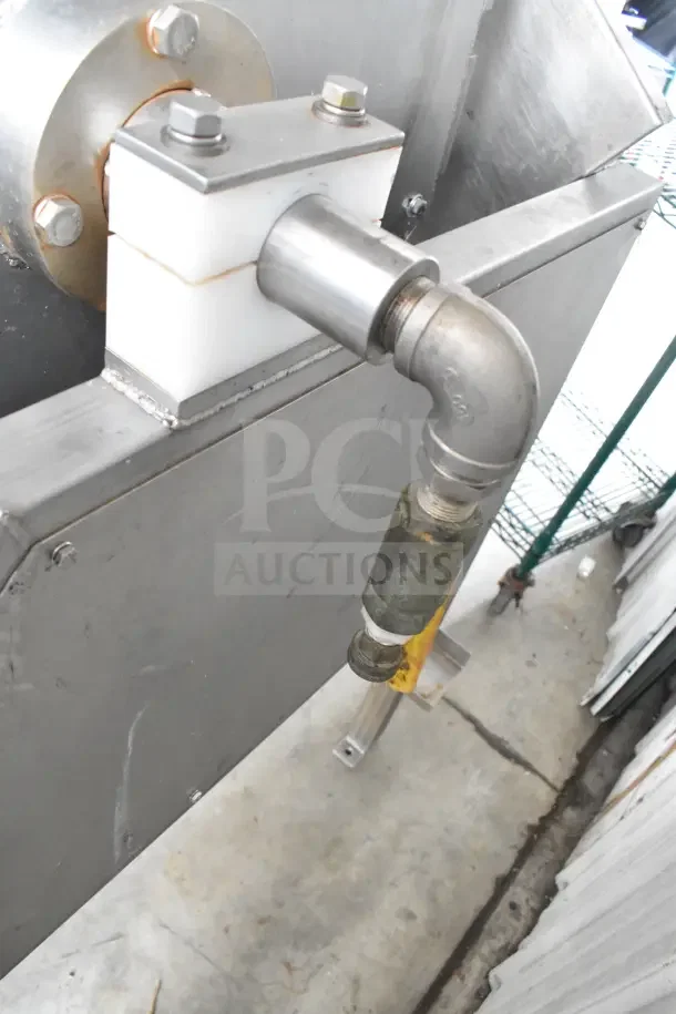 Pisces Fish Machinery DS150 drum scaler, stainless steel, commercial floor style. Visible piping and metal components, used condition.