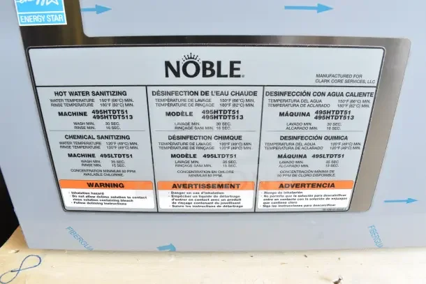 Brand new Noble 495HTDT513 dishwasher label, showing sanitizing temperatures, warnings, and Noble logo in English, French, Spanish.