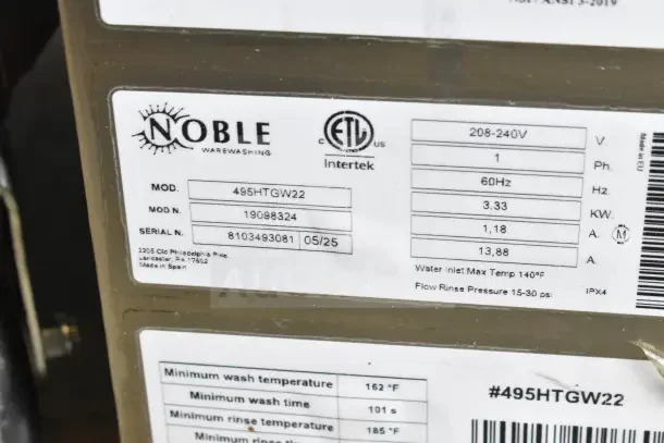 Alt text: "Noble 495HTGW22 commercial glass washer label showing model, serial number, voltage, and temperature specifications."