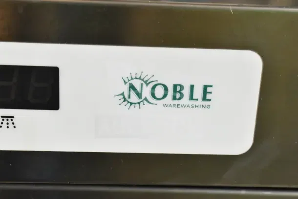 Noble 495HTDT513 glass washer, high-temp, underbar model, 2025, 208V/240V, 1 phase, brand logo visible.