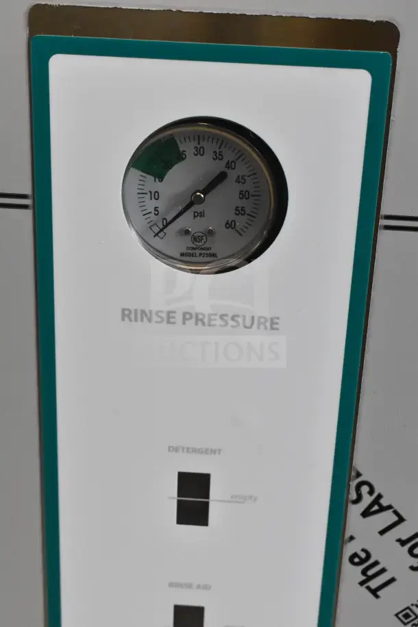 Noble Commercial Straight Pass Through Dishwasher, brand new with scratches, features rinse pressure gauge and detergent indicators. Model P2598L.
