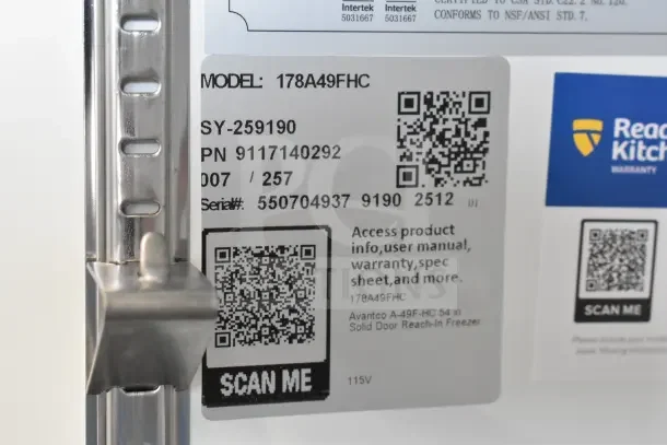 Alt Text:  
Label on Avantco 178A49FHC commercial freezer showing model number, serial number, and QR code for product info.