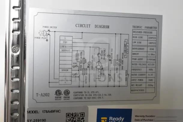 Alt Text: "Circuit diagram inside Avantco 178A49FHC freezer, showing electrical components and technical parameters."