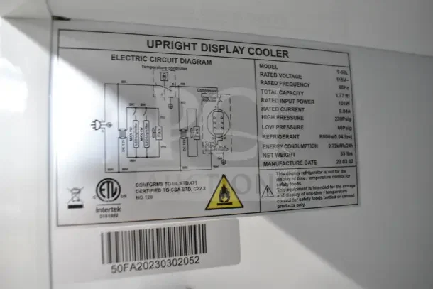 2023 T-50L Mini Commercial Cooler Merchandiser label with specifications. Model: T-50L, 115 Volts, 1 Phase.