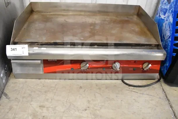 Avantco Commercial Countertop Flat Top Griddle, stainless steel, adjustable temperature knobs, visible wear, Auction Tag: 341.
