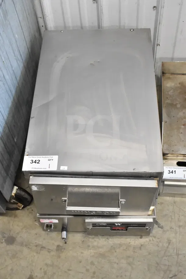 Winston CVap Commercial Single Drawer Warming Drawer, stainless steel finish, model CVap. Minor surface wear, auction label visible.