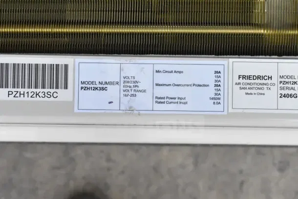 Friedrich ZoneAire Select PTAC Air Conditioner label, model PZH12K3SC, 12,000 BTU, 208/230V, 1 Phase.