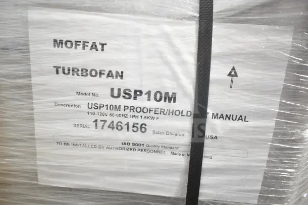 Brand new Moffat USP10M Turbofan proofer/holding cabinet label; 110-120V, 1 phase, compact design, ISO 9001 certified.