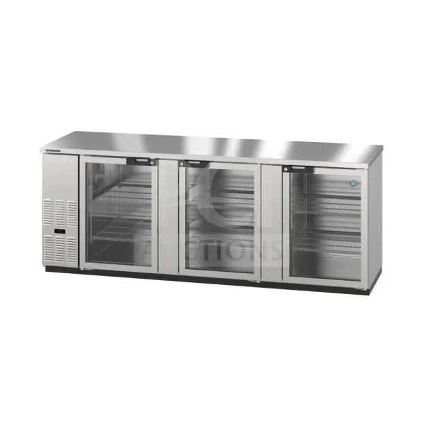 Brand new Hoshizaki BB95-G-S back bar refrigerator, features 3 glass swing doors, 115V, 1 phase, slight cosmetic scratches.