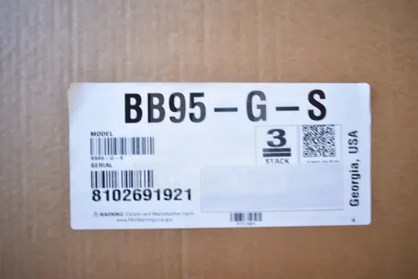 Label for Hoshizaki BB95-G-S Commercial Bar Refrigerator, 3 glass doors, 115V, 1 phase, new condition, Georgia, USA.