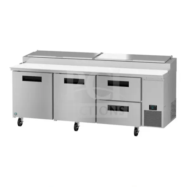 Brand new 2023 Hoshizaki PR93A-D2 refrigerated pizza prep table, with two drawers, two doors, scratch and dent, 115V, 1 phase.