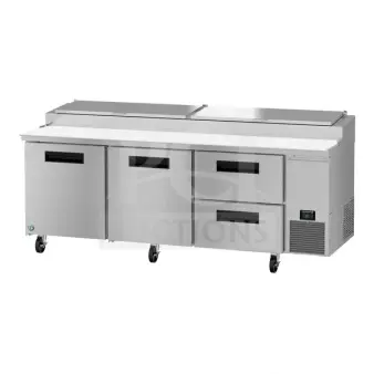 Brand new 2023 Hoshizaki PR93A-D2 refrigerated pizza prep table, with two drawers, two doors, scratch and dent, 115V, 1 phase.