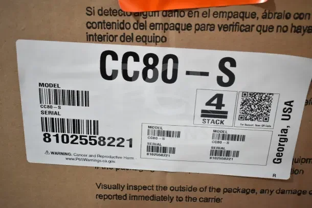 Hoshizaki CC80-S Horizontal Bottle Cooler label, showing model and serial number, 115 volts, 1 phase, brand new.