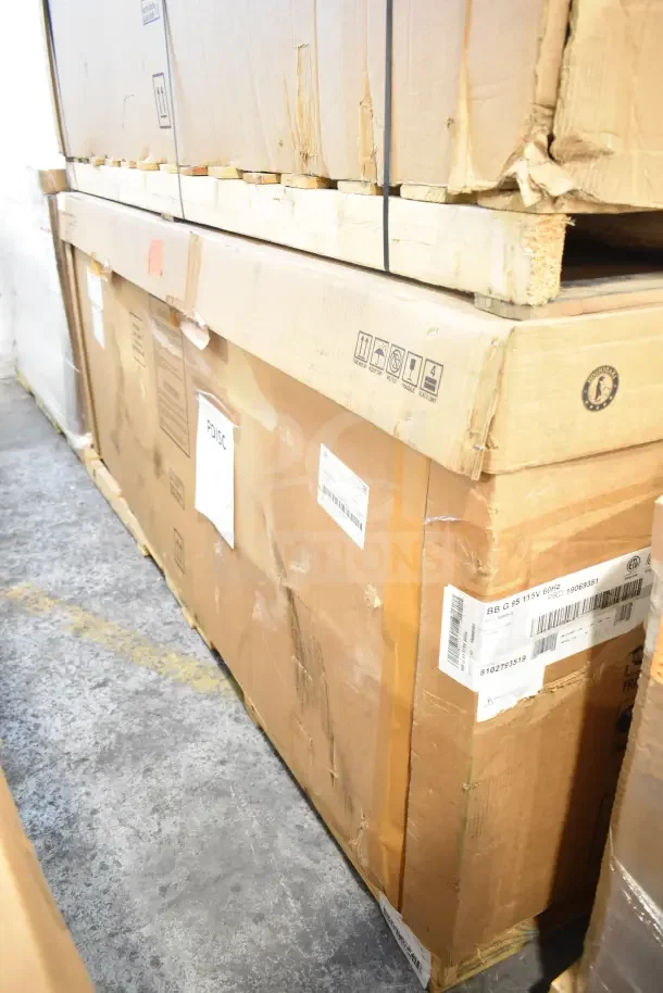 Brand new Hoshizaki BB95-G back bar refrigerator in box. Scratch and dent condition, model tag shows 115 volts, 1 phase.