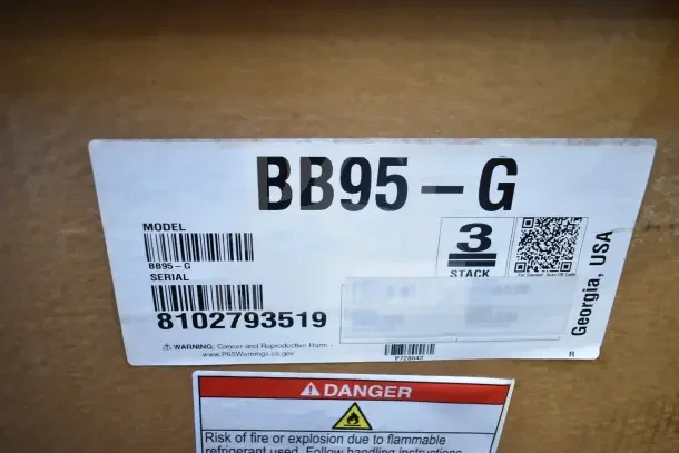 Label on Hoshizaki BB95-G Back Bar Refrigerator packaging, showing model, serial number, and safety warnings.
