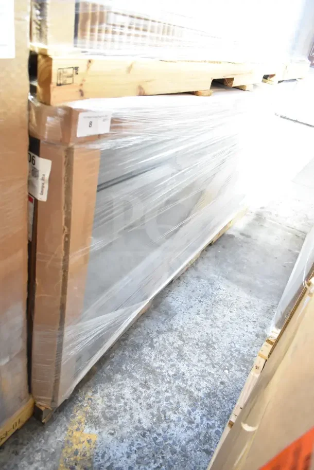 Brand new, scratch and dent 2023 Hoshizaki PR93A-D6 Steelheart pizza prep table with refrigerated base, pallet wrapped.