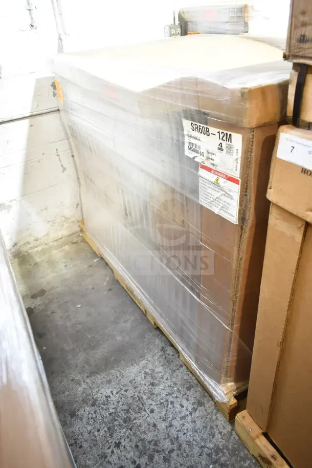 Brand new 2022 Hoshizaki SR60B-12M refrigerated prep table, wrapped, visible model label, 115V, 1 phase.