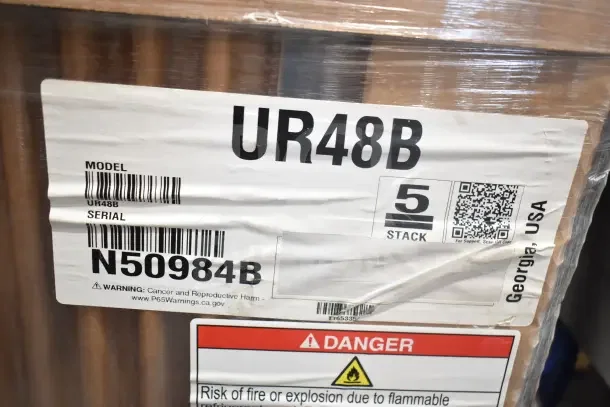 Brand new 2023 Hoshizaki UR48B undercounter refrigerator label, showing model, serial number N50984B, and warning signs.