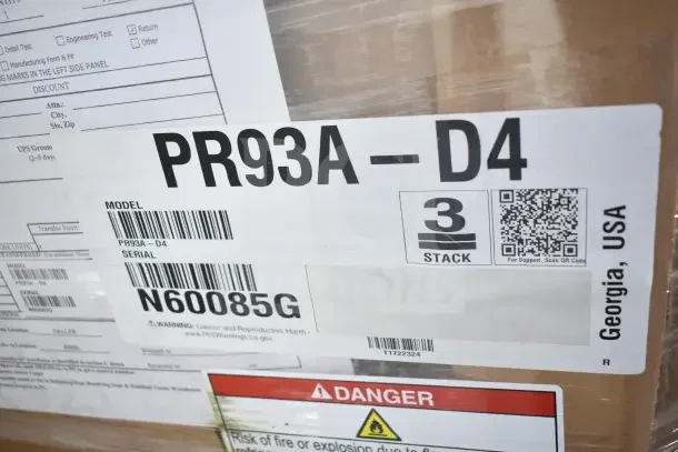 2023 Hoshizaki PR93A-D4 pizza prep table label, displaying model PR93A-D4, serial N60085G, "3 stack," and hazard warning.