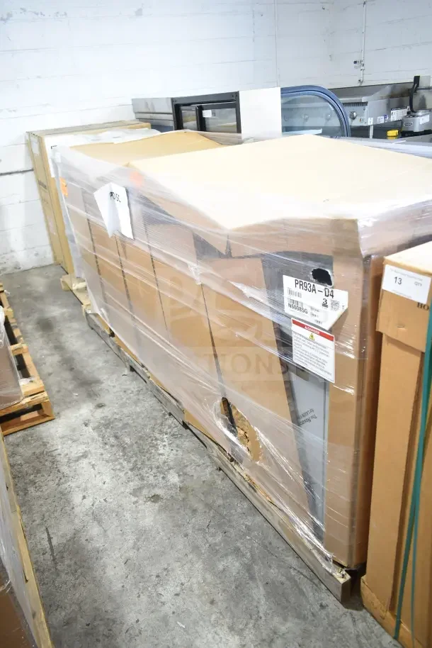 Brand new 2023 Hoshizaki PR93A-D4 pizza prep table in packaging with visible model label; scratch and dent condition.