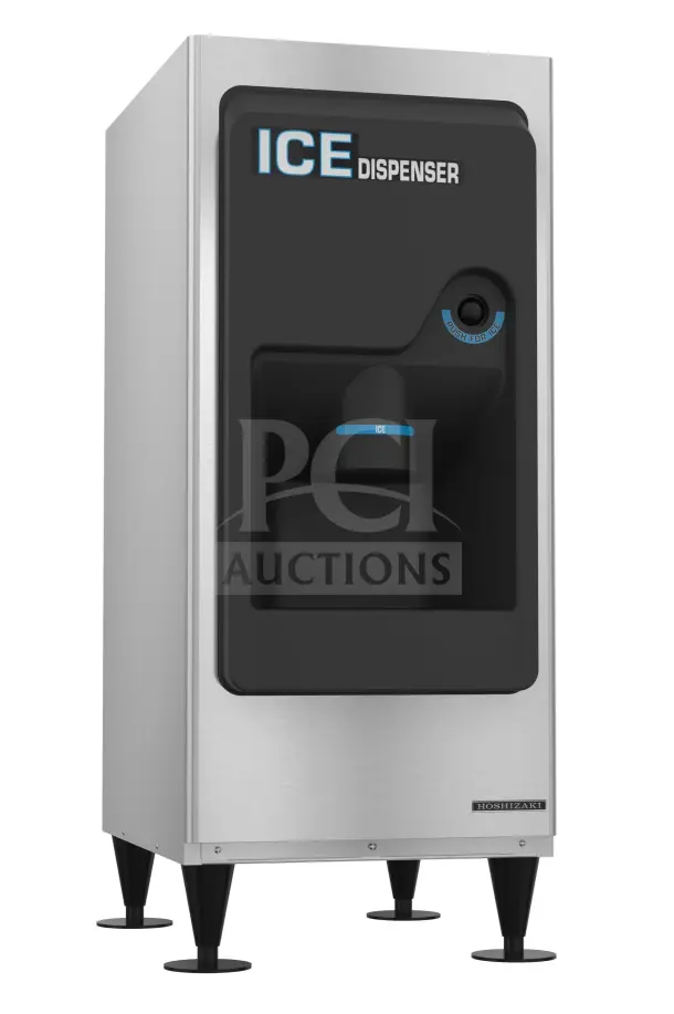 Brand new Hoshizaki DB-130H ice dispenser, 130 lbs capacity, stainless steel exterior, minor scratches, built for hotels/motels.