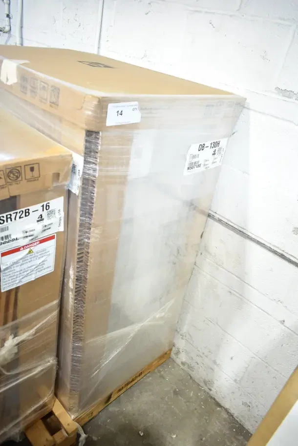 Brand new 2023 Hoshizaki DB-130H ice dispenser, 130 lbs capacity, stainless steel, packaged with minor scratches and dents.
