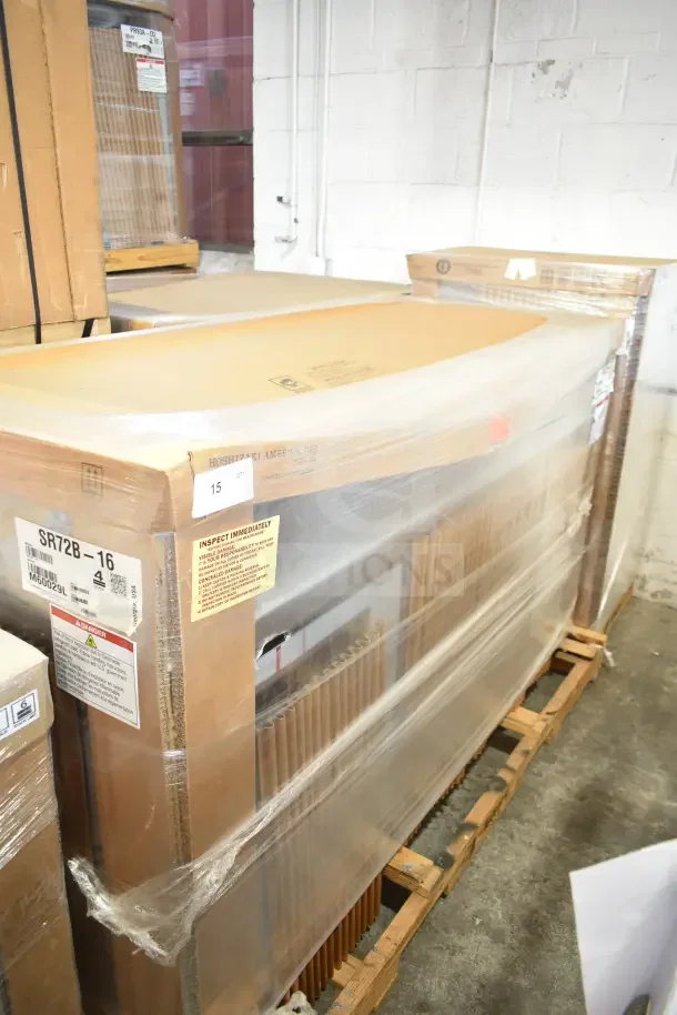 Brand new 2022 Hoshizaki SR72B-16 Steelheart prep table in original packaging; 115V, 1 Phase, visible labels and warnings.