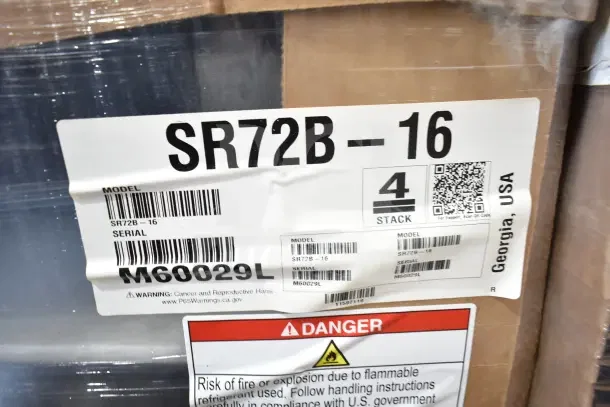 Hoshizaki SR72B-16 Sandwich/Salad Prep Table label showing model, serial number M60029L, and warning details.