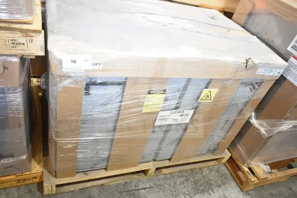 BRAND NEW SCRATCH AND DENT 2022 Hoshizaki EUF48A Undercounter Freezer in packaging. 115V, 1 Phase. Visible caution labels.