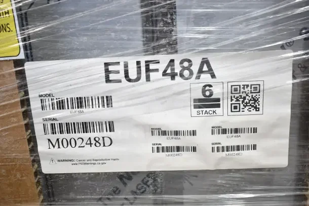 Brand new Hoshizaki EUF48A undercounter freezer with scratches and dents. Model and serial labels visible. 115V, 1 phase.