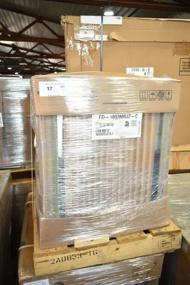 2023 Hoshizaki FD-1002MRJZ-C ice machine, brand new, scratch and dent, wrapped on pallet. Model and details visible.