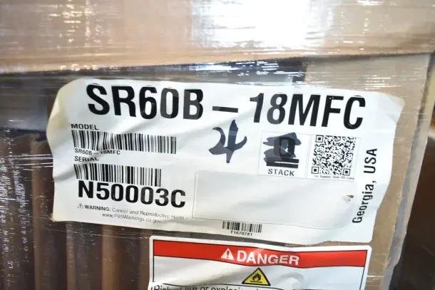Label for Hoshizaki SR60B-18MFC showing model, serial number N50003C, and safety warning. New, scratch and dent condition.