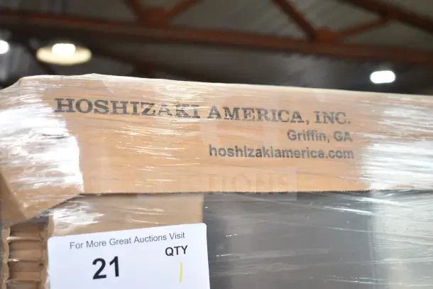 Brand new Hoshizaki BD-300PF 22" Ice Bin, 300 lbs capacity, 2020 model. Visible shipping packaging with company label.