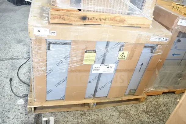 Brand new 2022 Hoshizaki EUF48A undercounter freezer in packaging. Features two sections, two doors. 115V, 1 phase.