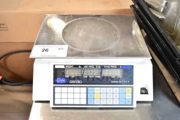 Globe GS130 Countertop Scale, 30 lb capacity. Digital display, keypad, stainless steel platform. Good condition.