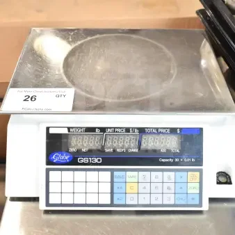 Globe GS130 Countertop Scale, 30 lb capacity. Digital display, keypad, stainless steel platform. Good condition.