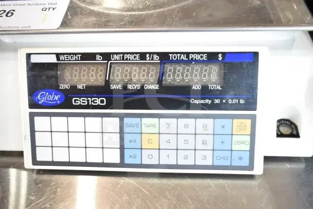 Globe GS130 countertop scale, 30 lb capacity, digital display, keypad interface. Model GS130, in good condition.
