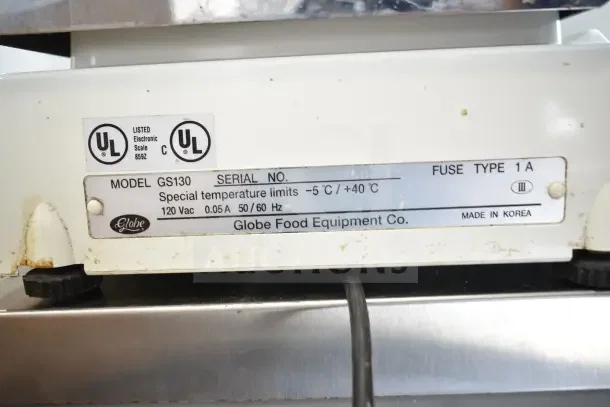 Globe GS130 countertop scale, 30 lb capacity, UL listed, Model GS130, special temp limits -5°C/+40°C. Made in Korea.