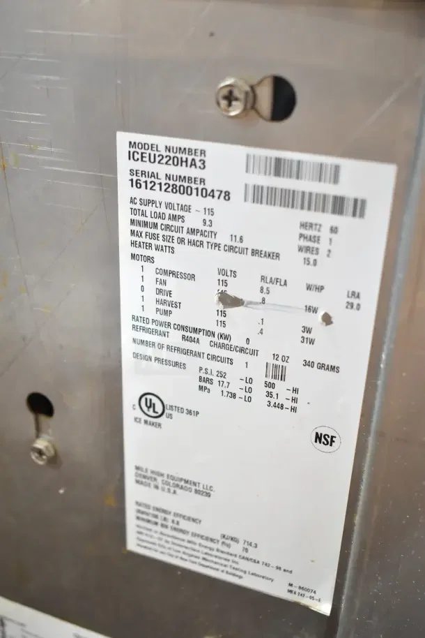2016 Ice-O-Matic ICEU220HA3 Ice Machine, 115V, 1 Phase; model and serial number label visible.