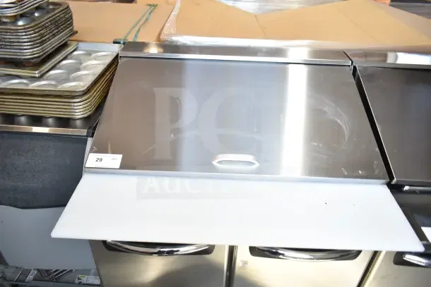 Norlake SMP36-15 commercial sandwich salad prep table, stainless steel, mega top, on casters. Visible tag denotes item 29.