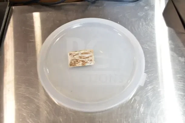Clear plastic lid with a small, square, distressed label on a reflective metallic surface. Part of a lot of 40 items.