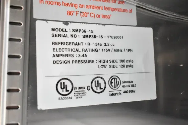 Label on equipment showing model SMP36-15 details: R-134a refrigerant, 115V, 3.4A, and UL/ETL certifications.
