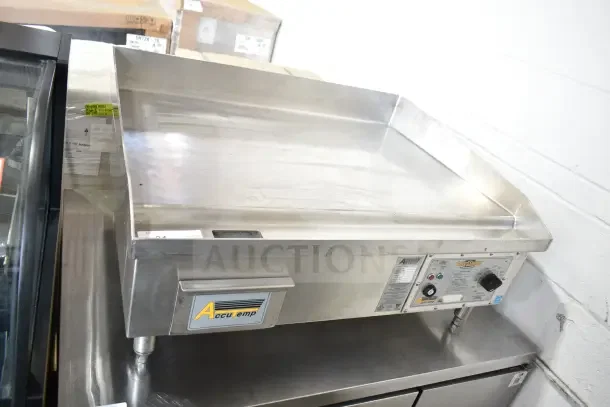 AccuTemp EGF4803B3600-T1 countertop electric griddle, 36"x24", stainless steel, 480V, 3 phase, with control panel and branding label.