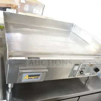 AccuTemp EGF4803B3600-T1 countertop electric griddle, 36"x24", stainless steel, 480V, 3 phase, with control panel and branding label.