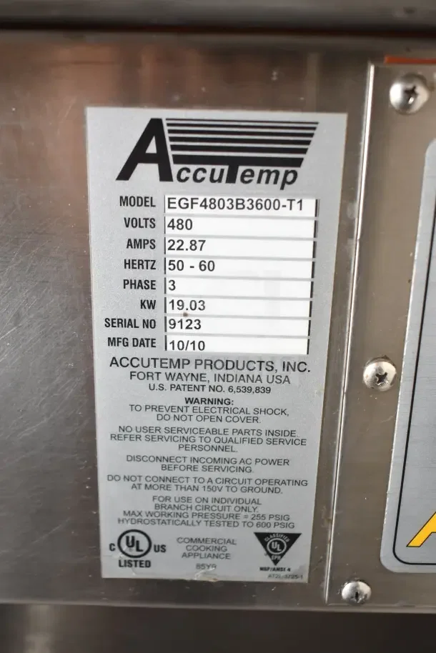 AccuTemp EGF4803B3600-T1 electric flat top griddle label, showing model, 480 volts, 3-phase power, serial number 9123.