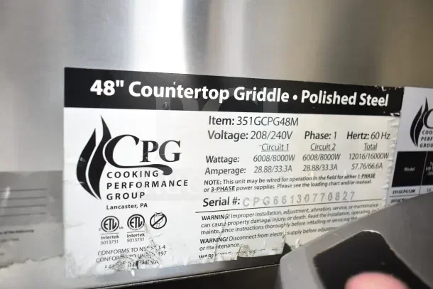 Cooking Performance Group G-CPG-48-M 48" electric countertop griddle label, polished steel, 208/240V, 1 phase, model 351GCPG48M.