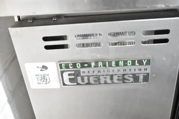 Everest ETWF2 Commercial 2 Door Undercounter Freezer with eco-friendly label. 115 Volts, 1 Phase. Visible wear on surface.