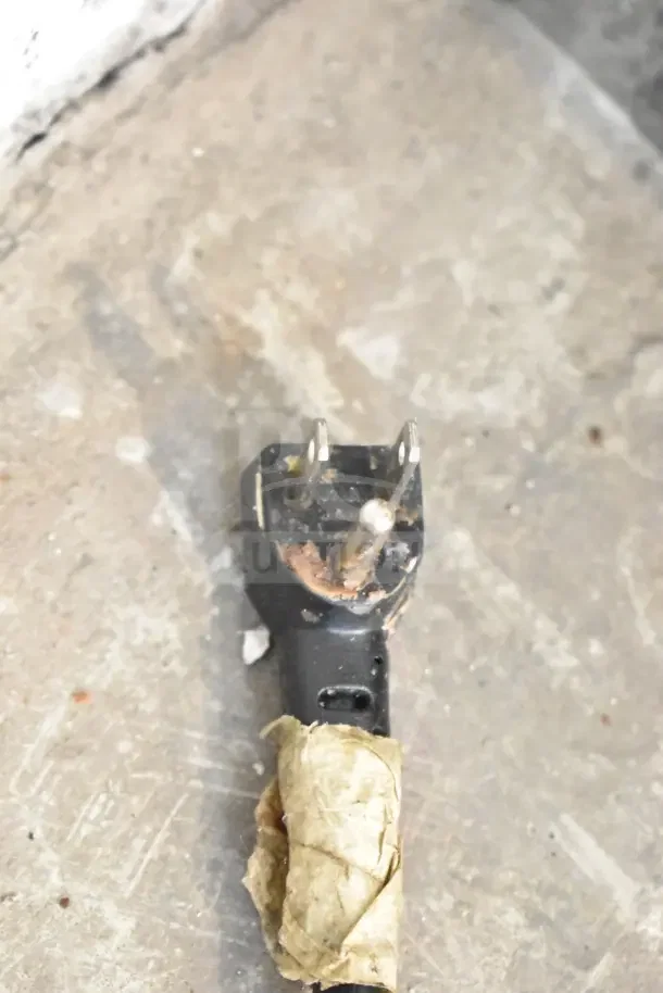 Electrical plug of Everest ETWF2 freezer, 115 volts, showing signs of wear and rust, wrapped in tape.